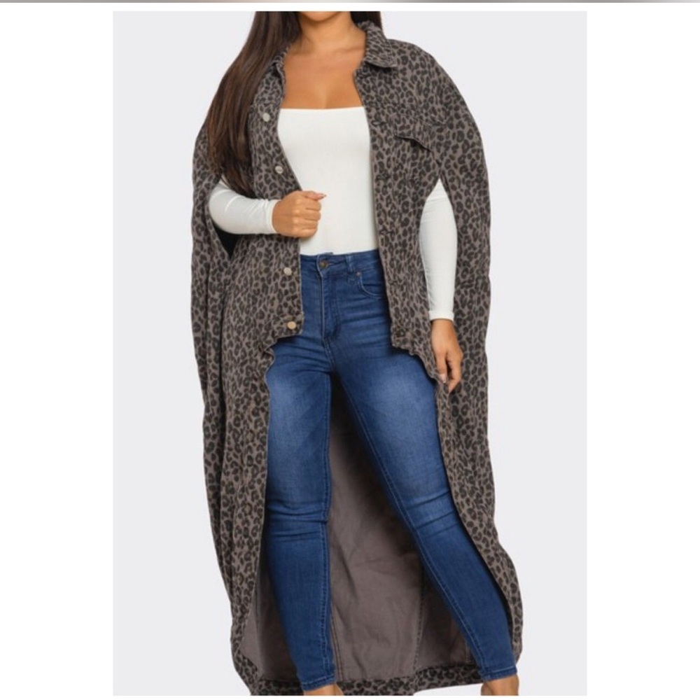 Leopard Print Long Denim Cape